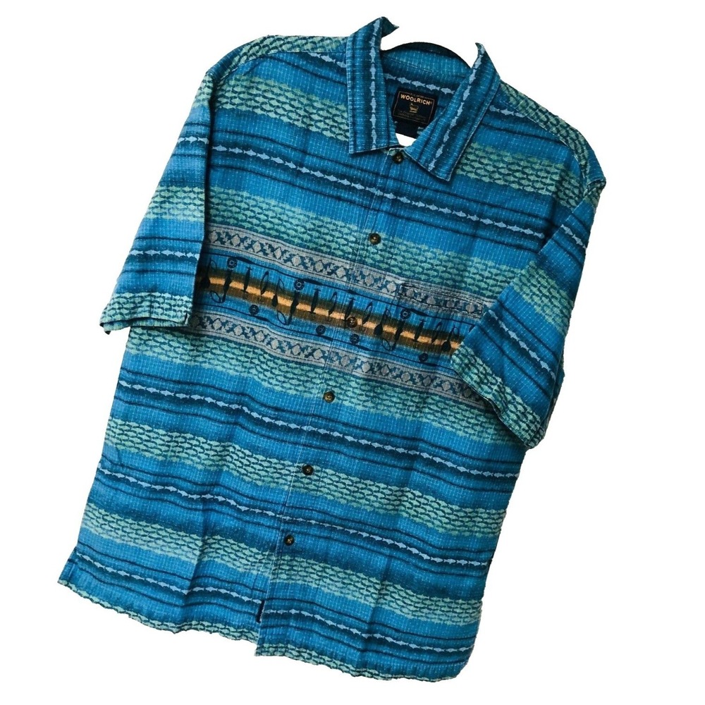 Vintage Woolrich Blue Camp Shirt Fishing Rods Reels Lures Casual Stripes Mens L‎